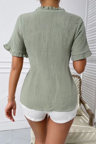 Leisure Womens Plain Shirt Round Collar Plain Button Up Short Sleeve Slim Fit Shirt with Ruffles