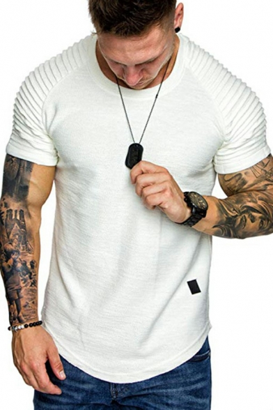 Men's Daily T-Shirt Solid Color Short Sleeve Round Neck Pleated Design Regular Fit T-Shirt