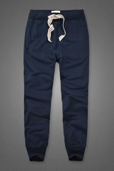Mens Simple Pants Pure Color Front Pocket Full Length Regular Drawcord Elastic Waist Pants
