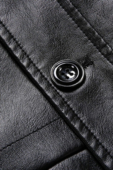 Modern Mens Leather Jacket Spread Collar Pocket Detail Button Closure Fitted Leather Jacket