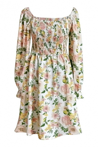 Modern Womens Dress Floral Print Square Neck Shirred Long Flare Sleeve Pleated Midi Fit Dress