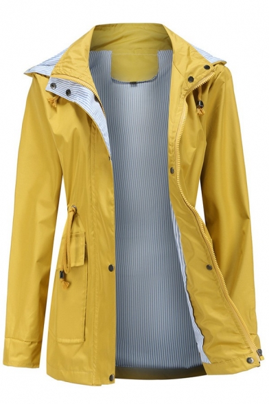 Modern Womens Jacket Plain Zip Fly Waist-Control Long Sleeve Detachable-Hat Raincoats