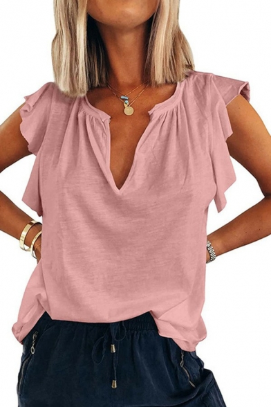 Modern Womens T-Shirt Pure Color Deep V Neck Cap Sleeve Loose Fit Tee Shirt with Ruffles