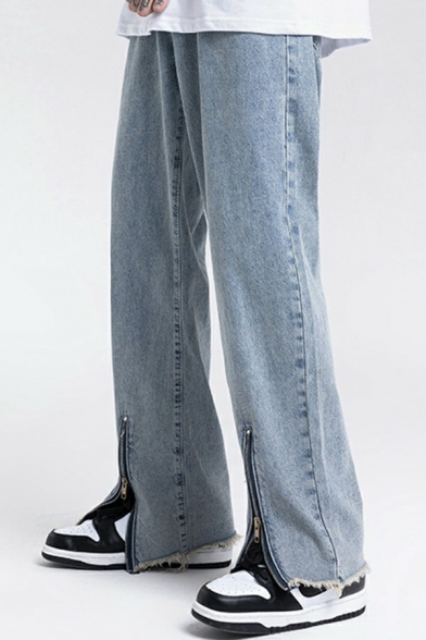 Popular Mens Jeans Medium Wash Button Placket Zipper Slit Pocket Detail Straight Fitted Jeans