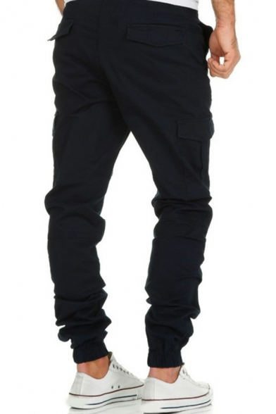 Retro Pants Solid Color Drawstring Mid Rise Slim Flap Pocket Long Length Pants for Men