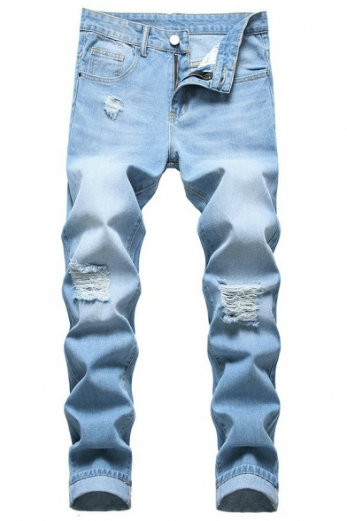 Simple Mens Jeans Medium Wash Zipper Placket Distressed Design Slim Fit Jeans with Pocket