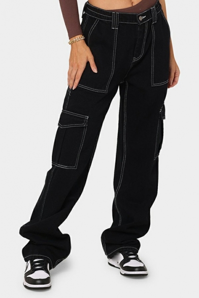 Street Look Womens Jeans Black Zip Fly High Waist Flap Pockets Straight Denim Pants