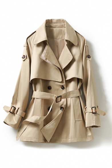 Stylish Trench Coat Notched Lapel Collar Pure Color Double Breasted Trench Coat with Belt