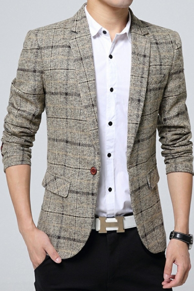 Trendy Blazer Plaid Print Lapel Collar Long Sleeve Slim Single Button Suit Blazer for Men