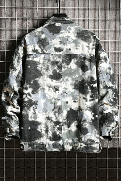 Trendy Jacket Camouflage Button Closure Pocket Detail Spread Collar Loose Fit Denim Jacket for Men