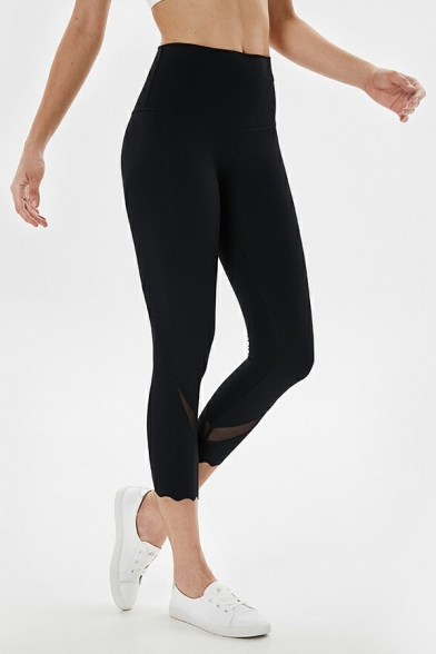 Unique Cropped Leggings High Waist Plain Splicing Mesh Gym Slim Fit Leggings for Women