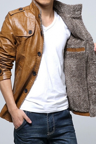 Vintage Plain Mens Jacket Stand Collar Fleece Pocket Detail Button Closure Fitted Leather Jacket