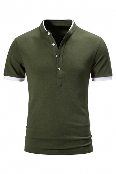 Basic Mens Polo Shirt Contrast Color Button Detail Stand Collar Polo Shirt