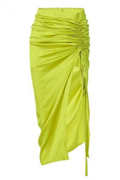 Couture Satin Skirt Pure Color Elastic Waist Ruched Split Side Maxi Skirt for Women