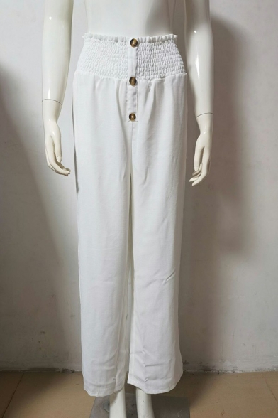 Creative Ladies Pants Solid Color Loose Fit Long Length Mid Rise Button Placket Pants