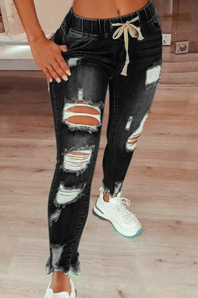 Girls Original Jeans Whole Colored Broken Hole Skinny Drawstring Waist Ankle Length Jeans
