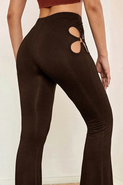 Leisure Womens Stretchy Pants Solid Color High Waist Hollow Out Slim Fit Flared Pants