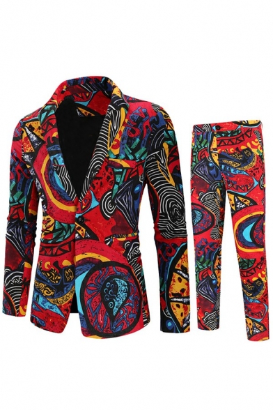 Men Casual Red Suit Set Tribal Pattern Lapel Collar Single Button Pocket Detail Blazer and Pants Set