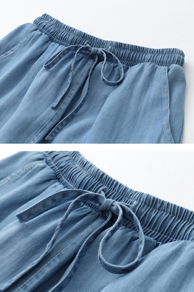 Modern Ladies Crop Jeans Drawstring Elastic Waist High Rise Light Wash Wide Leg Straight Jeans