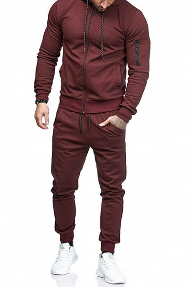 Modern Mens Co-ords Plain Drawstring Zipper Fly Long Sleeve Hoodie with Sweatpants Two Piece Set