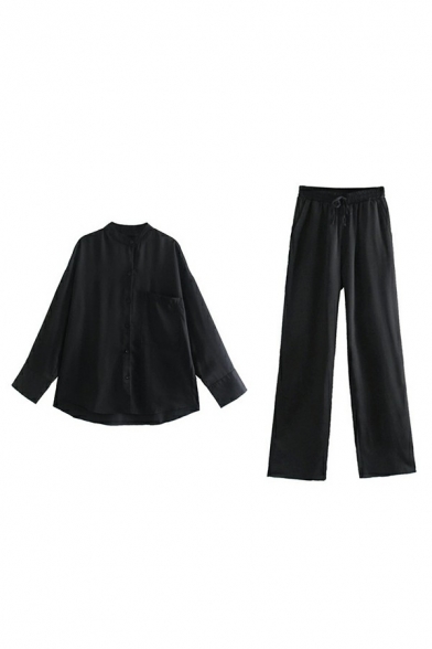 Normal Womens Co-ords Crew Neck Solid Color Button Closure Long Sleeve Shirt & with Elastic Waist Pants Co-ords