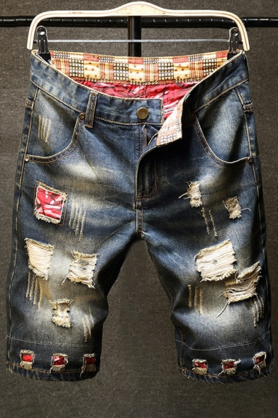 Popular Mens Denim Shorts Plain Button Placket Distressed Design Denim Shorts with Pocket