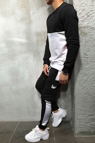 Retro Co-ords Color Block Crew Collar Long Sleeve Sweatshirt & Drawcord Pants Set for Men