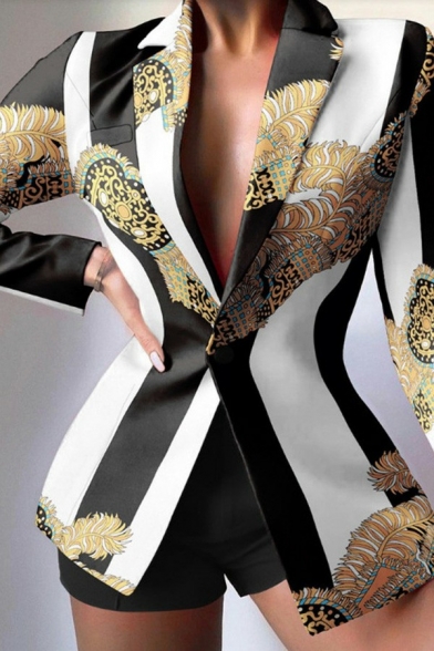 Retro Womens Blazer Single Button Leopard Print Notched Lapel Collar Slim Fit Blazer