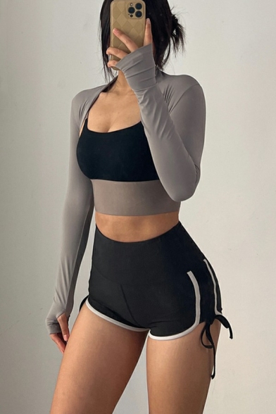 Sexy Womens Jacket Plain Open-Front Long Sleeve Cuff Hole Cropped Gym Jacket
