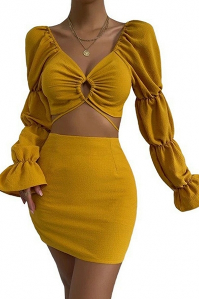 Sexy Womens Plain Co-ords V Neck Belt Back Hollow Ruched Crop Top with Bodycon Mini Skirt Set