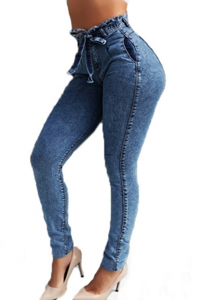 Simple Jeans Pure Color Skinny Pocket Drawstring Waist Long Length Jeans for Women