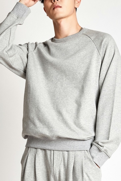 Simple Mens Sweatshirt Solid Color Round Neck Rib Cuffs Sweatshirt