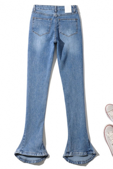 Street Style Women Jeans Plain Skinny Long Length Mid Rise Zip Fly Bootcut Jeans