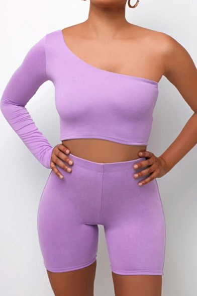 Unique Ladies Plain Set One Shoulder Solid Color Crop Top & Shorts Two Piece Set