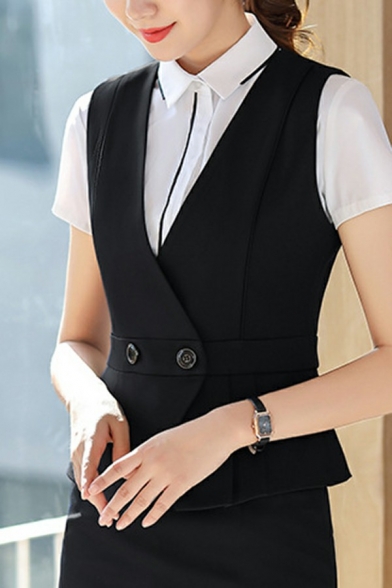 Unique Suit Vest Solid Color V Neck Double Button Suit Vest for Women