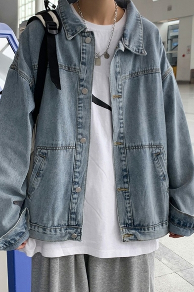 Urban Guys Jacket Plain Button Closure Long Sleeve Spread Collar Loose Fit Denim Jacket with Pocket