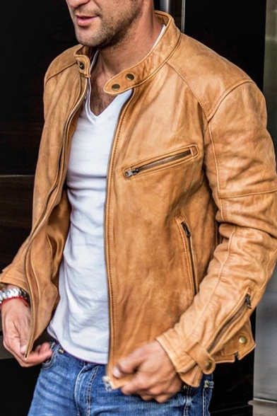 Basic Mens Jacket Solid Color Stand Collar Zip Closure Pocket Detail Leather Jacket