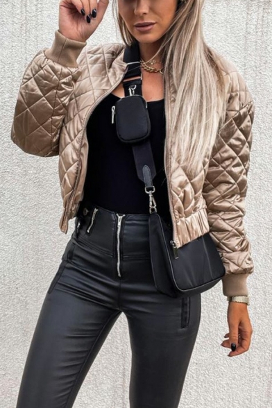 Chic Ladies Jacket Plain Stand Collar Zip Fly Long Sleeve Quilted Jackets