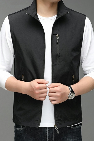 Cozy Vest Pure Color Stand Collar Pocket Design Regular Fit Zip Closure Vest for Boys