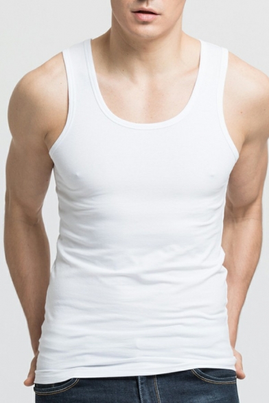 Edgy Mens Tank Plain Scoop Collar Sleeveless Slim Fitted Wide Shoulder Tank Top