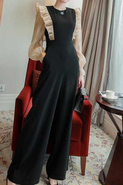 Elegant Womens Jumpsuits Contrast Color Crew Neck Long Sheer Sleeve Ruffle Pleated Jumpsuits