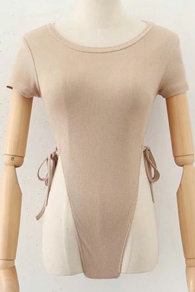 Faddish Womens Plain Bodysuit Round Neck Lace-Up Short Sleeve Stretchy Bodysuit