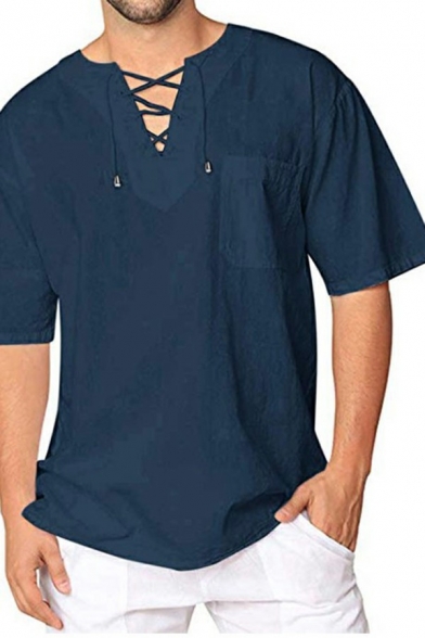 Leisure Drawstring T-Shirt Pure Color Short Sleeve Round Neck Regular Fit T-Shirt for Men