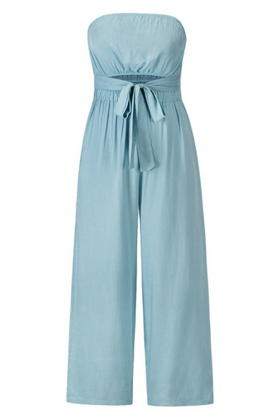Leisure Strapless Jumpsuits Solid Color Hollow Out Jumpsuits with Bow
