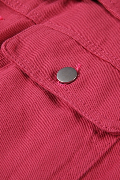 Leisure Womens Jacket Plain Turn-Down Collar Single Breasted Chest Pockets Long Sleeve Denim Jacket