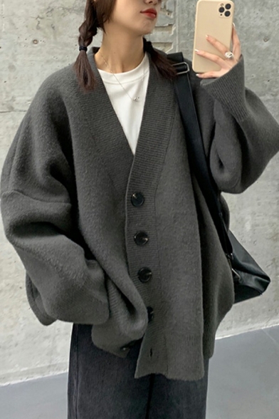 Leisure Womens Sweater Plain V-Neck Single Breasted Long Sleeve Oversized Cardigan