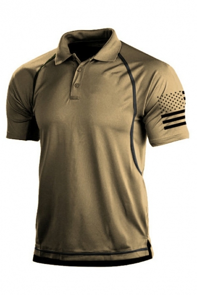 Men's Casual T-Shirt Flag Print Short Sleeve Button Detail Turn-down Collar Regular Fit T-Shirt