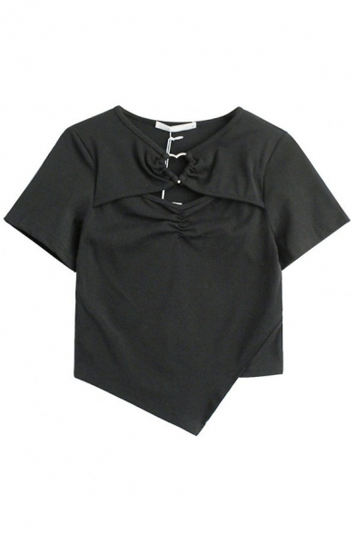 Modern Girls T-Shirt Plain Crew Neck Hollow Short Sleeve Ruched Irregular Hem Cropped T-Shirt
