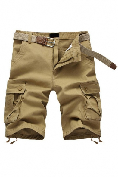 Modern Mens Cargo Shorts Plain Button Placket Mid Rise Cargo Shorts with Pocket
