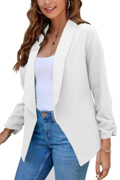 Popular Plain Blazer Open Front Lapel Collar Ruched Detail Irregular Hem Slim Fit Blazer for Women